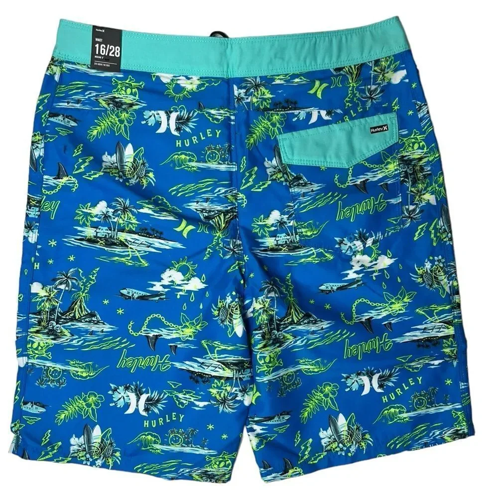 Hurley Neptune Blue Tropical Swim Board Shorts Size 16 / 28 NWT